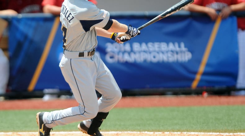 Georgia Tech's Matt Gonzalez (14) hits a two-run double in the top of the 9th inning against Jacksonville State at the NCAA Oxford Regional at Oxford-University Stadium on Sunday, June 1, 2014. (AP Photo/Oxford Eagle, Bruce Newman)