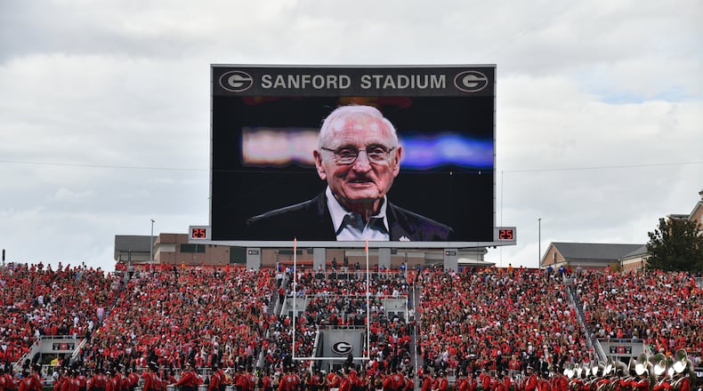Vince Dooley was honored prior to an NCAA football game between Georgia and Tennessee at Sanford Stadium in Athens on Saturday, Nov. 5, 2022. (Hyosub Shin / Hyosub.Shin@ajc.com)