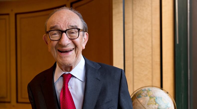 FILE - Economist Alan Greenspan, chairman of the Federal Reserve from 1987 to 2006, is seen in his office in Washington, Friday, Oct. 18, 2013. (AP Photo/J. Scott Applewhite, file)