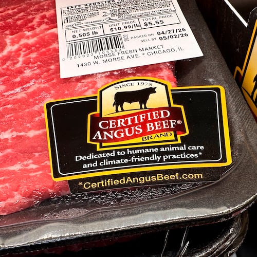 Beef is displayed for sale at a grocery store Wednesday, April 29, 2026, in Chicago. (AP Photo/Erin Hooley)