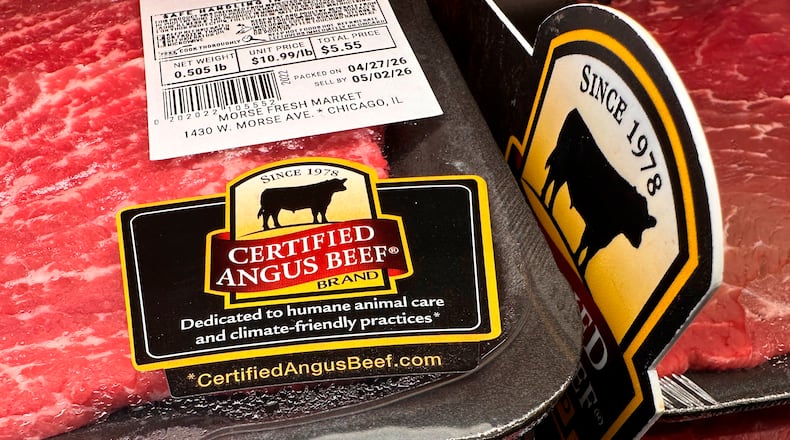 Beef is displayed for sale at a grocery store Wednesday, April 29, 2026, in Chicago. (AP Photo/Erin Hooley)