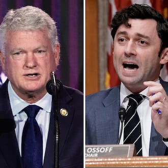 U.S. Rep. Mike Collins (left) speaks last month in Washington. U.S. Sen. Jon Ossoff (right) speaks in Washington in 2022. (Manuel Balce Ceneta and J. Scott Applewhite/AP)