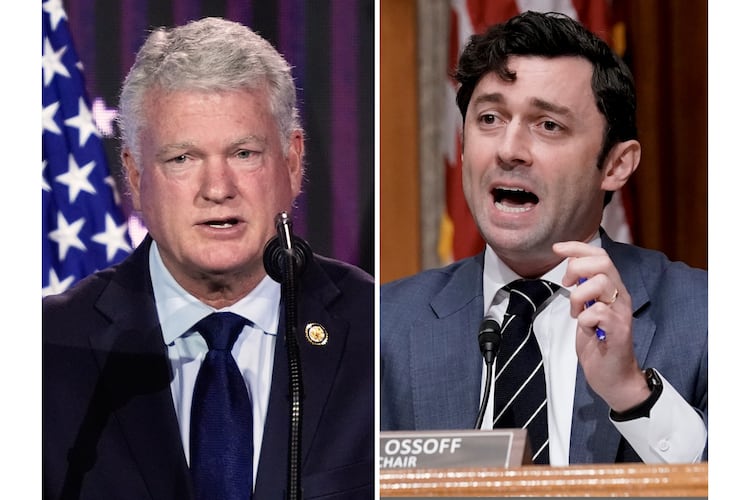 At left, Rep. Mike Collins, R-Ga., speaks June 26, 2026, in Washington, and at right, Sen. Jon Ossoff, D-Ga., speaks in Washington, July 26, 2022. (AP Photo/Manuel Balce Ceneta and J. Scott Applewhite)