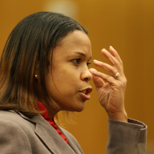 FILE - Fulton County Senior ADA Eleanor Ross speaks during opening statements Wednesday, Feb. 17, 2010 in Atlanta. (Vino Wong/Atlanta Journal-Constitution via AP, File)