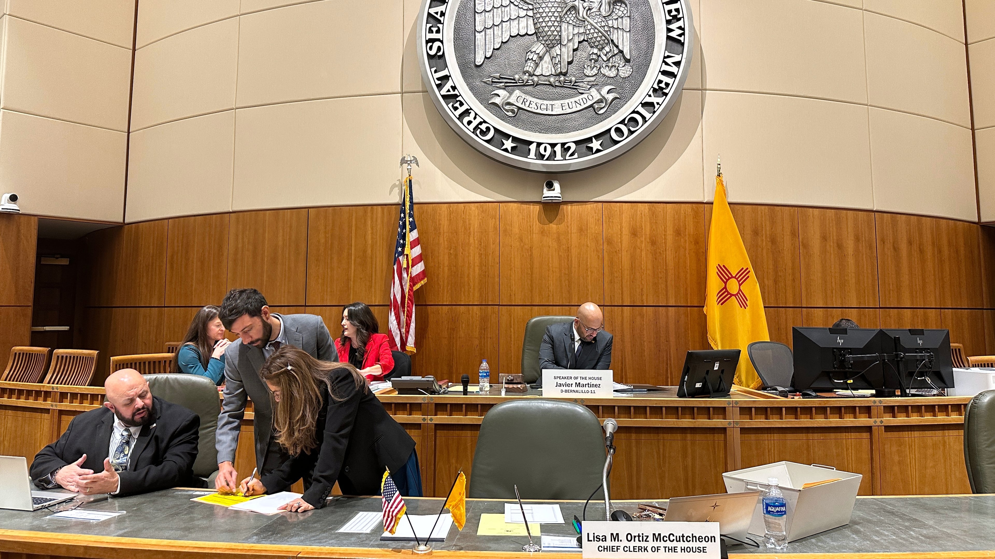 Democratic state House Speaker Javier Martínez, center back, of Albuquerque, N.M., takes his seat at the opening of a special legislative session about proposals to shore up safety net spending in response to President Donald Trump's recent cuts, Wednesday, Oct. 1, 2025. (AP Photo/Morgan Lee)
