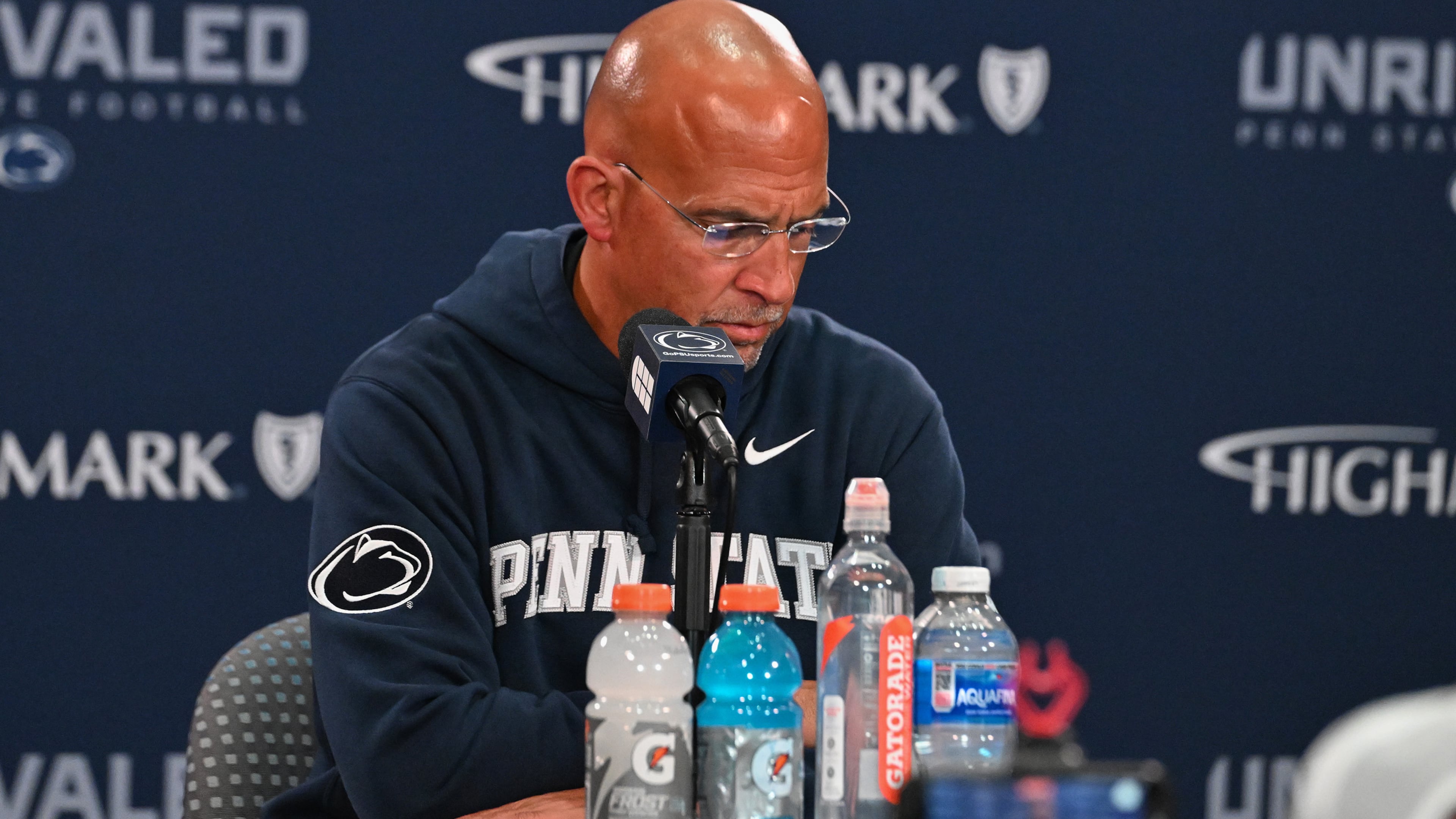 Penn State head coach James Franklin reacts during a press conference following an NCAA college football game against Northwestern, Saturday, Oct. 11, 2025, in State College, Pa. (AP Photo/Barry Reeger)