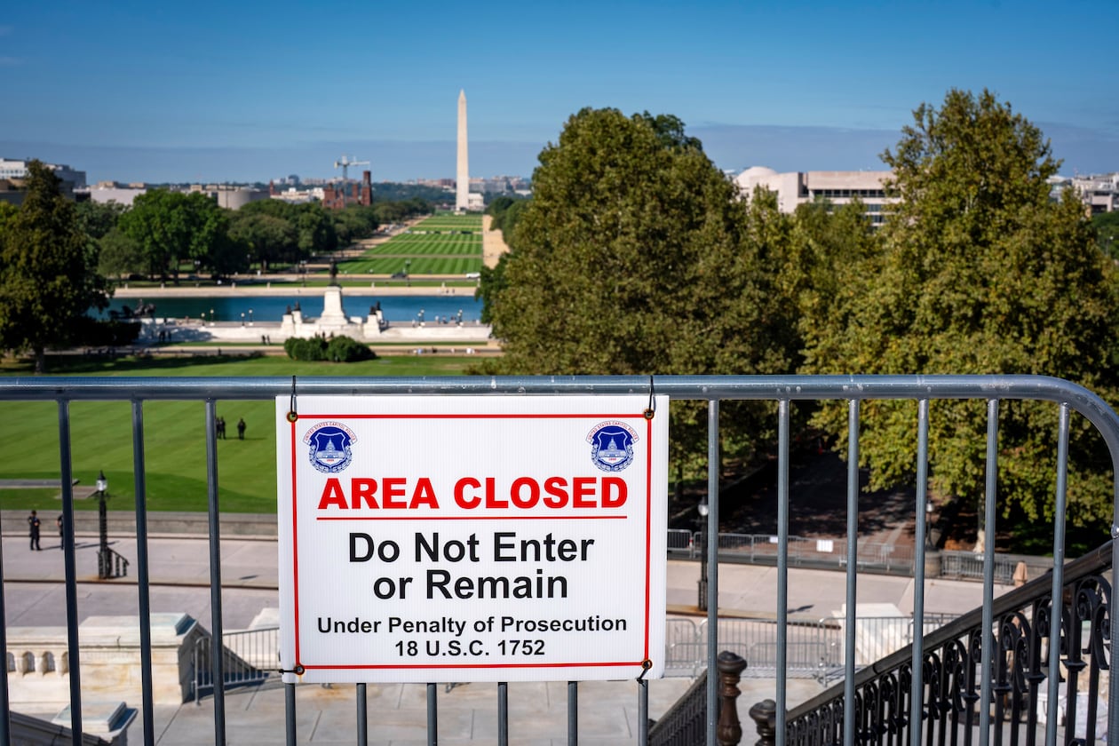 The West Lawn of the Capitol and the National Mall stretch into the distance as seen from the terrace of the Capitol on the first day of a government shutdown in Washington on Wednesday. (J. Scott Applewhite/AP)