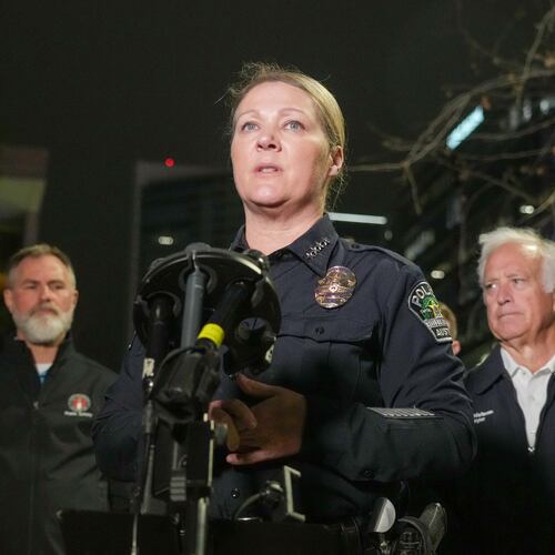 Austin Police Chief Lisa Davis provides a briefing after a shooting, Sunday March 1, 2026, near West Sixth Street and Nueces in downtown Austin, Texas. (Ricardo B. Brazziell/Austin American-Statesman via AP)