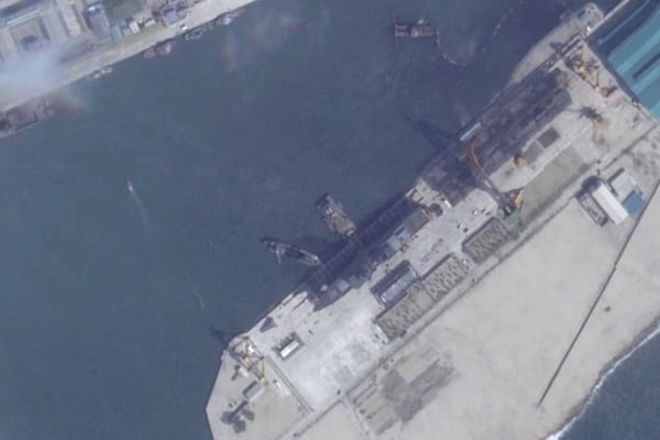 This satellite image from Planet Labs PBC shows a North Korean destroyer before it is put to sea in Chongjin, North Korea, Tuesday, May 20, 2025. (Planet Labs PBC via AP)