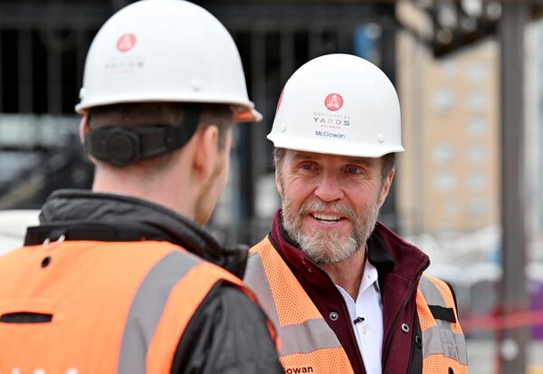 Brian McGowan (right), president of Centennial Yards, talks with AJC reporter Zachary Hansen at the construction site of Centennial Yards’ entertainment district, Thursday, Dec. 4, 2025, in Atlanta. (Hyosub Shin/AJC)