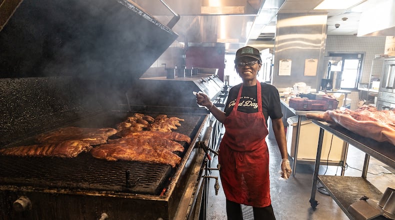 Angie Harris, pitmaster at Rodney Scott’s Whole Hog BBQ in Atlanta, has worked at several barbecue spots since moving into the restaurant business in 2011. Courtesy of Angie Mosier