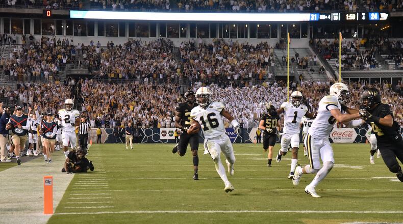 October 21, 2017 Atlanta - Georgia Tech quarterback TaQuon Marshall (16) scores a touchdown in the second half of an NCAA college football game at Bobby Dodd Stadium on Saturday, October 21, 2017. Georgia Tech beat Wake Forest 38-24. HYOSUB SHIN / HSHIN@AJC.COM