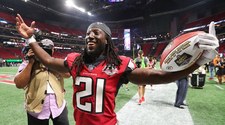 September 17, 2017 Atlanta: Falcons cornerback Desmond Trufant celebrates a 34-23 victory over the Packers in a NFL football game on Sunday, September 17, 2017, in Atlanta. Curtis Compton/ccompton@ajc.com