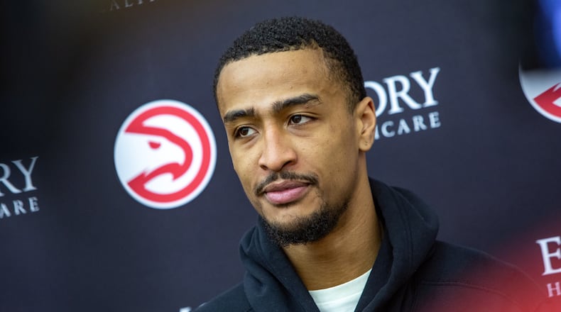 Hawks management, teammates and the new interim head coach, including power forward John Collins talk about the decision to fire head coach Nate McMillan on Wednesday, Feb 22, 2023 at the team’s practice facility. (Jenni Girtman for The Atlanta Journal-Constitution)