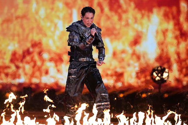 Kyle Alessandro from Norway performs the song "Lighter" during the dress rehearsal for the Grand Final of the 69th Eurovision Song Contest, in Basel, Switzerland, Friday, May 16 2025. (AP Photo/Martin Meissner)