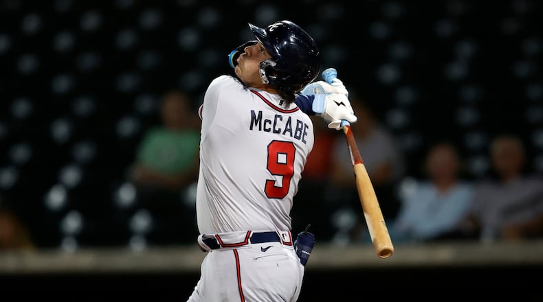 David McCabe #9 of the Salt River Rafters bats during the game between the Salt River Rafters and the Mesa Solar Sox at Hohokam Stadium on Monday, Oct. 23, 2023 in Mesa, Arizona. (Arizona Fall League)