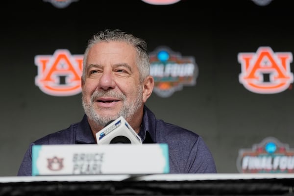 Auburn head coach Bruce Pearl answers a question during media day at the Final Four of the NCAA college basketball tournament, Thursday, April 3, 2025, in San Antonio. (AP Photo/Eric Gay)