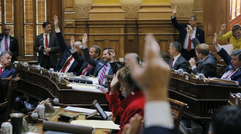 2/5/18 - Atlanta - Senators vote on an amendment to SB 331, which would allow lottery winners to remain anonymous, which passed the chamber.  The Georgia Senate later passed a compromise over a major overhaul to make adoptions easier in the state. Gov. Nathan Deal and legislative leaders say adoption is a priority for this session.  BOB ANDRES  /BANDRES@AJC.COM