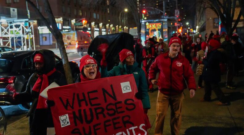 Nurses strike outside Mount Sinai West Hospital, Monday, Jan. 12, 2026, in New York. (AP Photo/Yuki Iwamura)