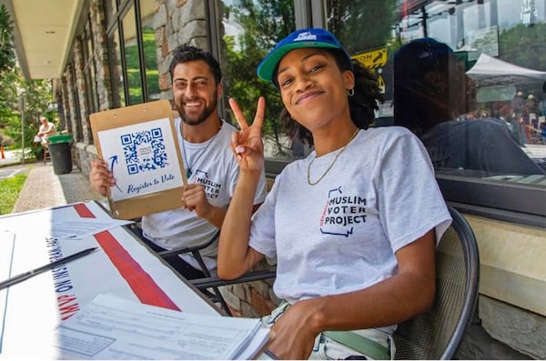 Salik Sohani  and Xan-Rhea Bilal registering Muslim voters through the Muslim Voter Project. The pair were children when 9/11 took place and now work to empower Muslim Americans by encouraging them to use their political voice.