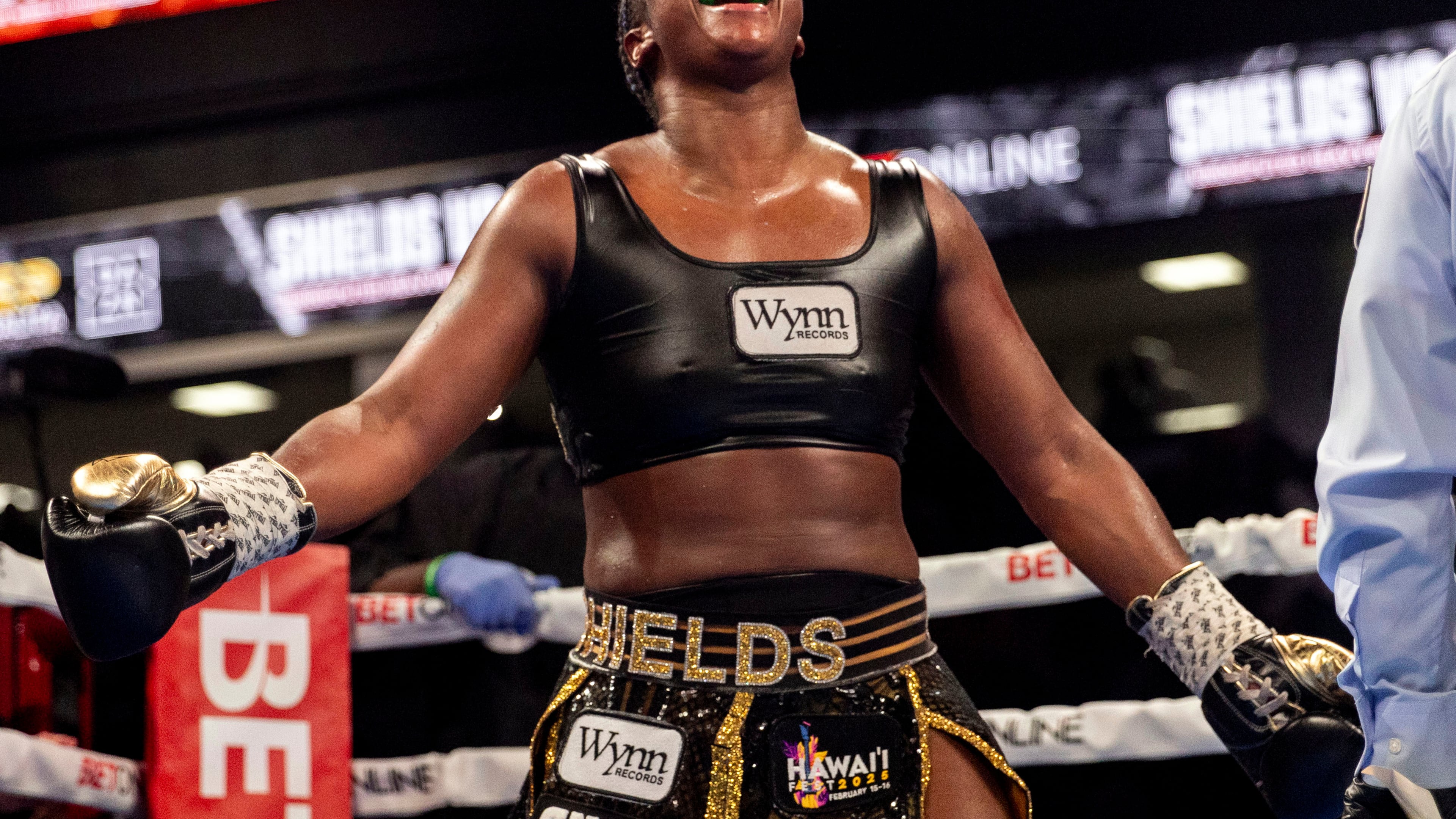 FILE - Claressa Shields captures the undisputed heavyweight title with a unanimous decision victory over Danielle Perkins on Feb. 2, 2025, at Dort Financial Center in Flint, Mi. (Jake May/The Flint Journal via AP, File)