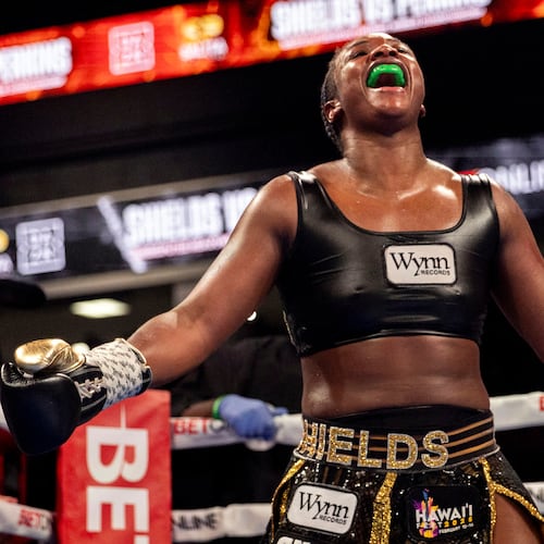 FILE - Claressa Shields captures the undisputed heavyweight title with a unanimous decision victory over Danielle Perkins on Feb. 2, 2025, at Dort Financial Center in Flint, Mi. (Jake May/The Flint Journal via AP, File)
