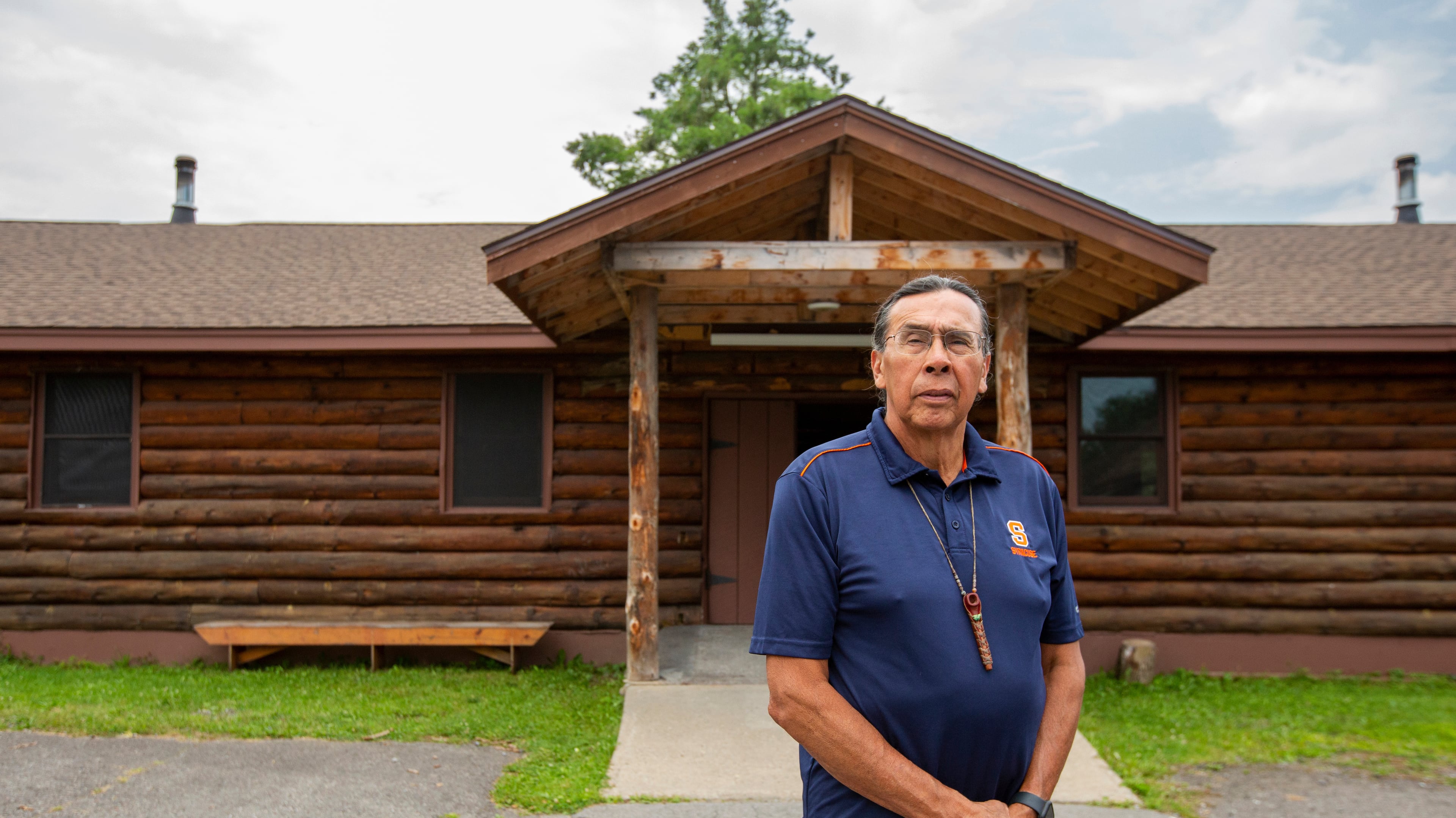 FILE - Tadodaho Sid Hill, takes a break from meetings to pose for a portrait outside of the Onondaga Nation's longhouse, Thursday, Aug. 3, 2023, on the Onondaga Nation territory in central New York. (AP Photo/Lauren Petracca, File)
