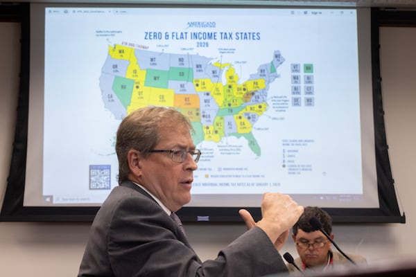 Grover Norquist, president of Americans for Tax Reform, speaks during the state Senate’s Special Committee on Eliminating Georgia's Income Tax hearing at the Capitol in Atlanta on Tuesday, Aug. 19, 2025. (Arvin Temkar/AJC)