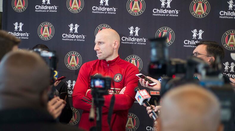 01/13/2019 -- Marietta, Georgia -- Atlanta United goalkeeper Brad Guzan (1) speaks with members of the media following a training with the team at the Children's Healthcare of Atlanta Training Ground, Monday, January 13, 2020. (ALYSSA POINTER/ALYSSA.POINTER@AJC.COM)