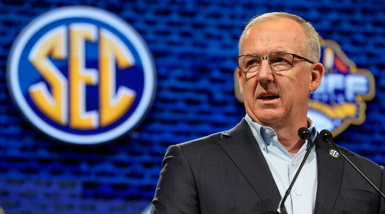 SEC Commissioner Greg Sankey speaks during the NCAA college football Southeastern Conference Media Days, Monday, July 17, 2023, in Nashville, Tenn. (AP Photo/George Walker IV)
