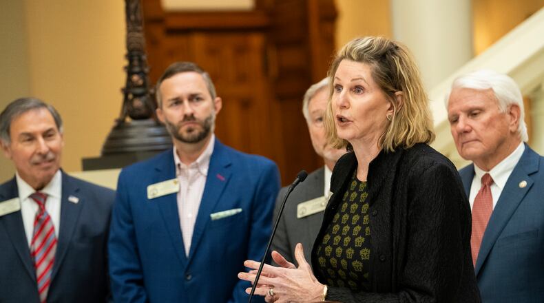 House Speaker Pro Tem Jan Jones speaks at a press conference announcing plans to bolster pre-K on Tuesday, Jan. 16, 2024, at the Georgia Capitol in Atlanta. Also behind the plan is House Speaker Jon Burns (right). (Olivia Bowdoin for The Atlanta Journal-Constitution)