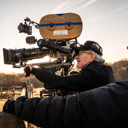 This image released by Universal Pictures shows director Steven Spielberg, center, on the set of "Disclosure Day." (Niko Tavernise/Universal Pictures and Amblin Entertainment via AP)