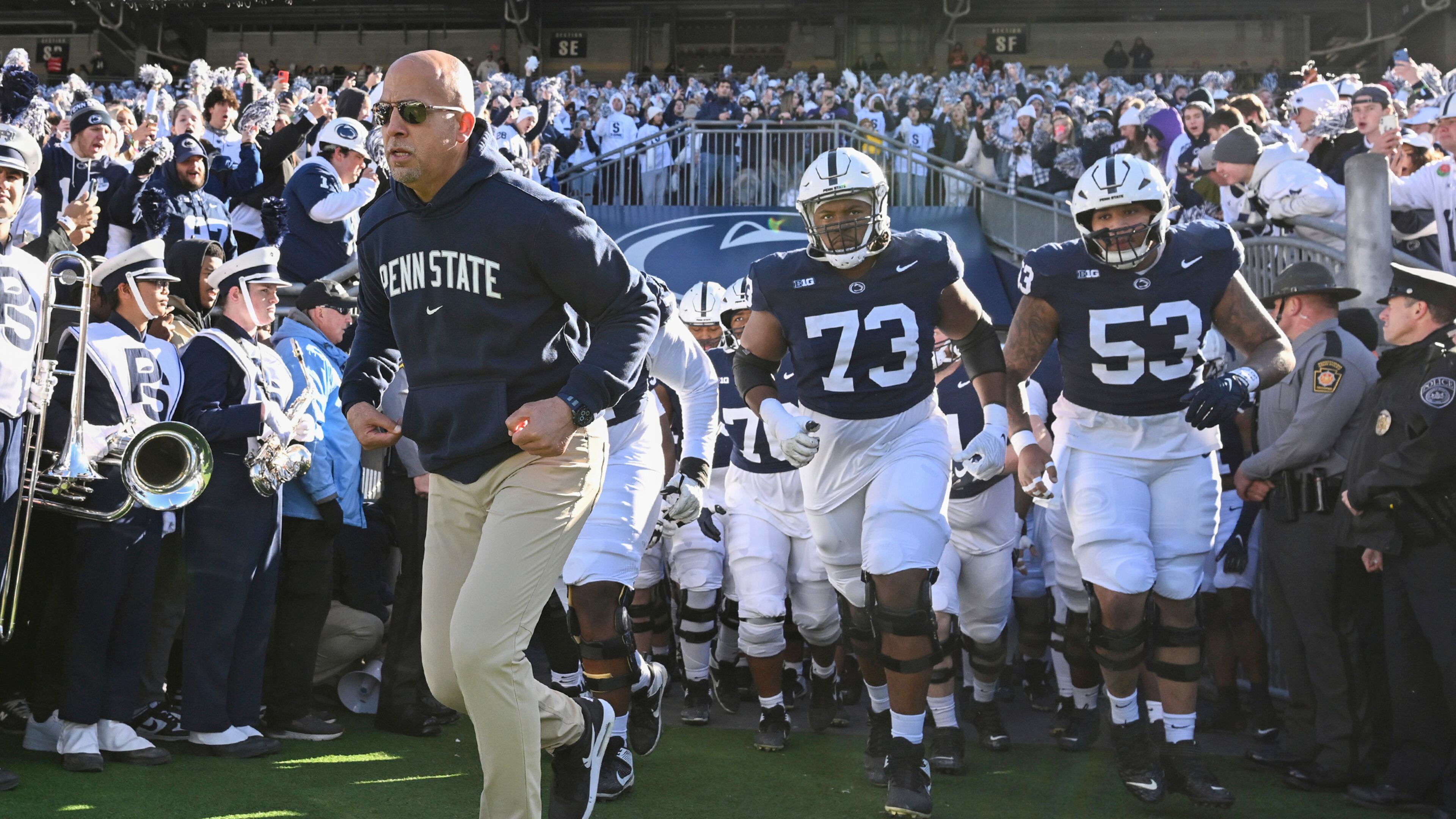 FILE - Penn State head coach James Franklin leads his team onto the field before an NCAA college football game against Rutgers, Saturday, Nov.18, 2023, in State College, Pa. (AP Photo/Barry Reeger, File)