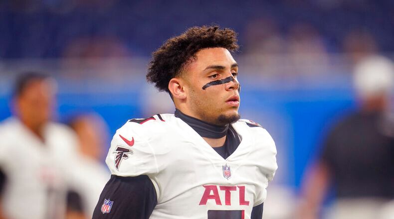 Atlanta Falcons wide receiver Drake London is seen during pregame of a preseason NFL football game against the Detroit Lions, Friday, Aug. 12, 2022, in Detroit. (AP Photo/Paul Sancya)