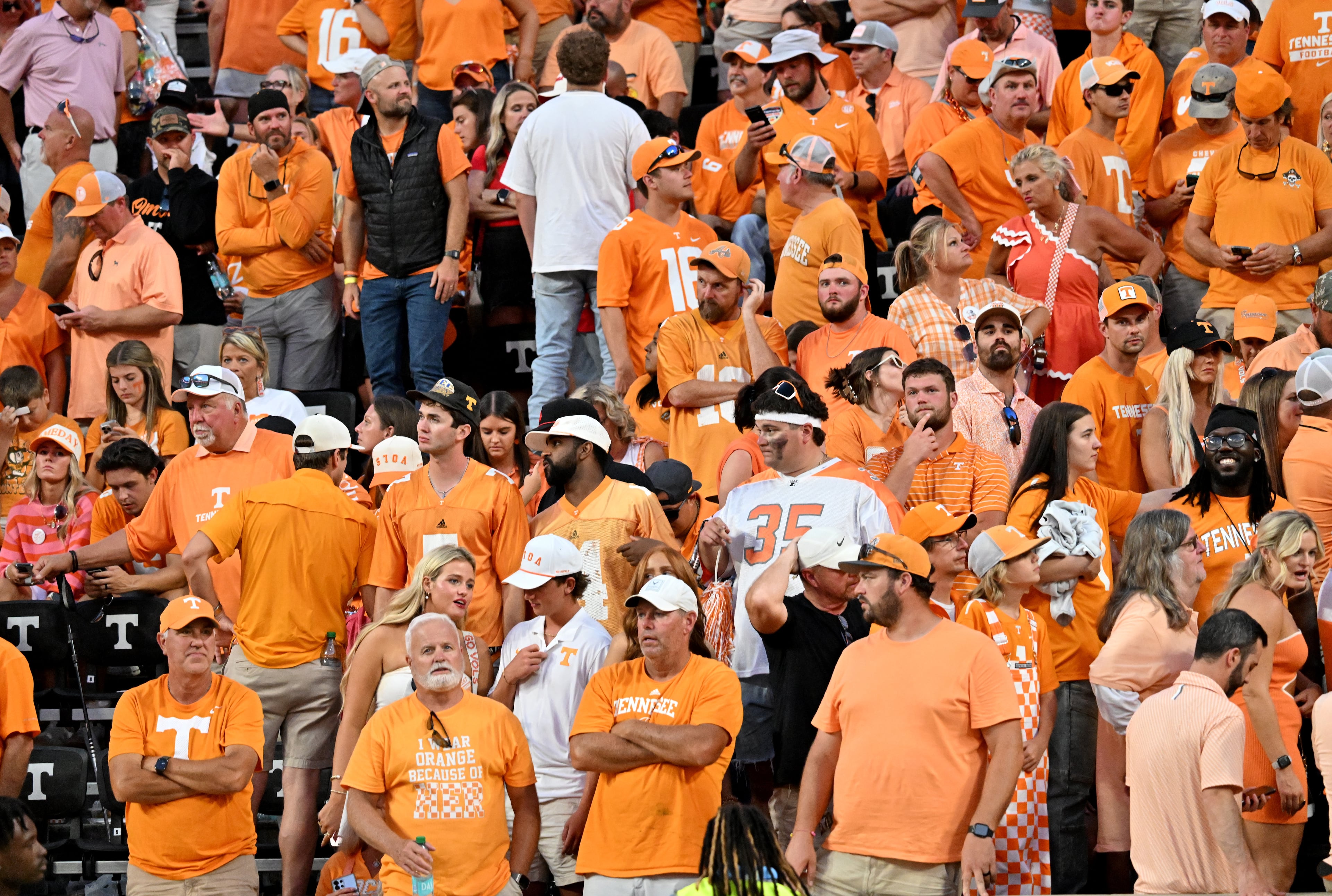 Tennessee fans can’t hide their disapoinment after Georgia beat the Volunteers 44-41 in overtime at Neyland Stadium on Saturday, Sept. 13, 2025, in Knoxville, Tenn. (Hyosub Shin/AJC)
