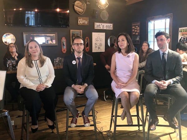 Sarah Riggs Amico, Ted Terry, Teresa Tomlinson and Jon Ossoff at a January 20 forum of Senate Democratic candidates. (File)