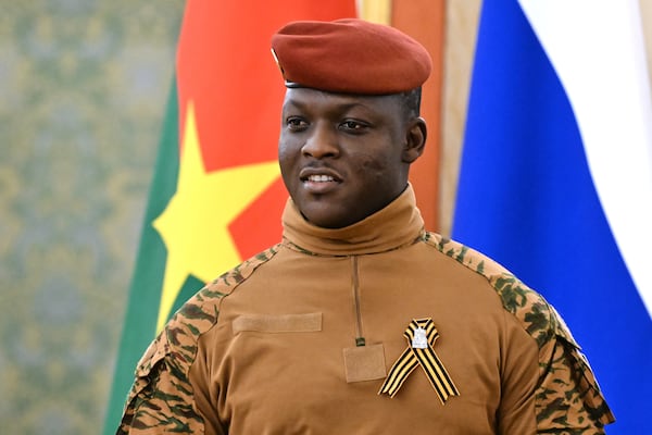 Burkina Faso President Ibrahim Traore arrives to meet Russian President Vladimir Putin in the Grand Palace at the Kremlin in Moscow, Russia, Thursday, on Saturday, May 10, 2025. (Stanislav Krasilnikov/RIA Novosti via AP)