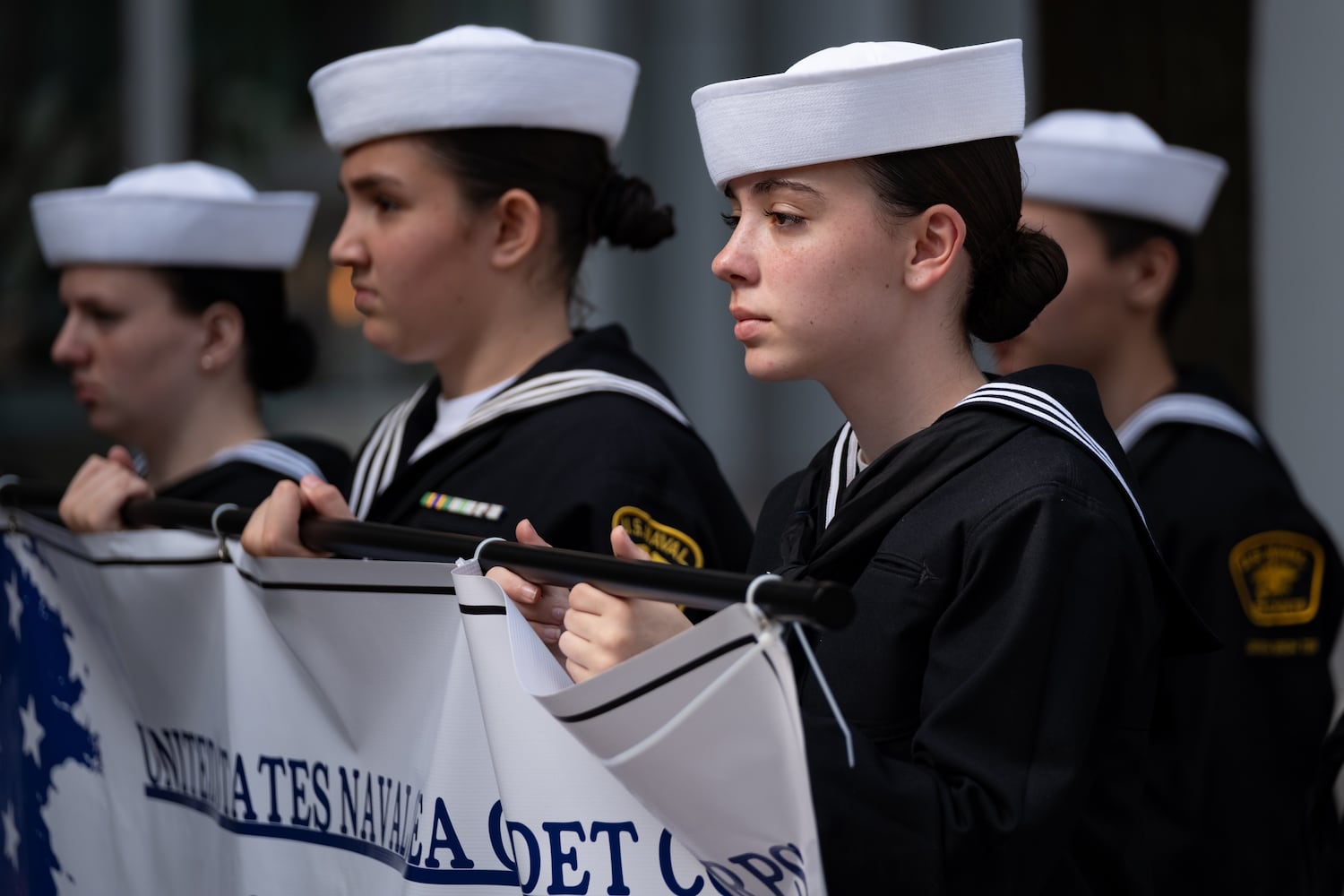 Members of the Georgia division of the US Naval Sea Cadet Corps participate in the Georgia Veterans Day Parade in Midtown Atlanta on Saturday, Nov. 8, 2025.   Ben Gray for the Atlanta Journal-Constitution