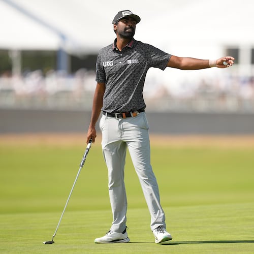 Sahith Theegala reacts after missing a putt on the fourth hole during the third round of the U.S. Open golf tournament at Shinnecock Hills Golf Club in Southampton, N.Y., Saturday, June 20, 2026.(AP Photo/George Walker IV)