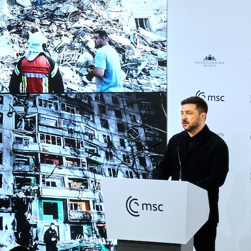 Ukraine's President Volodymyr Zelenskyy addresses the audience during a session at the Munich Security Conference in Munich, Germany, Saturday, Feb. 14, 2026. (AP Photo/Michael Probst)