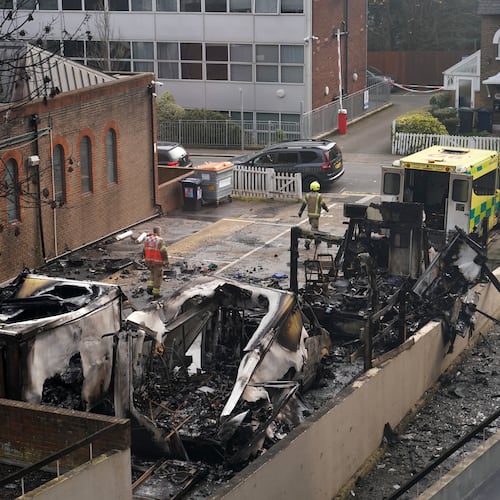 View at burnt Ambulances in a car park at Golders Green in London, Monday, March 23, 2026 after an apparent arson attack on four vehicles belonging to a Jewish ambulance service, Hatzola Northwest, in London.(AP Photo/Alberto Pezzali)