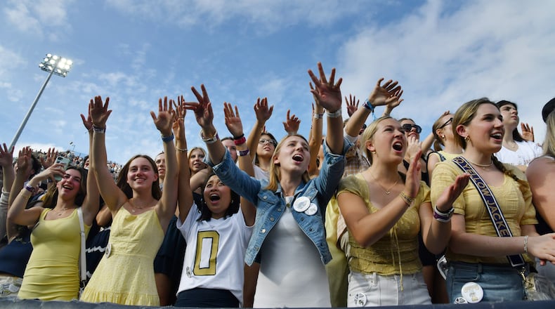 Georgia Tech fans cheer during the second half of an NCAA college football game at Georgia Tech's Bobby Dodd Stadium, Saturday, November 9, 2024, in Atlanta. Georgia Tech won 28-23 over Miami. (Hyosub Shin / AJC)