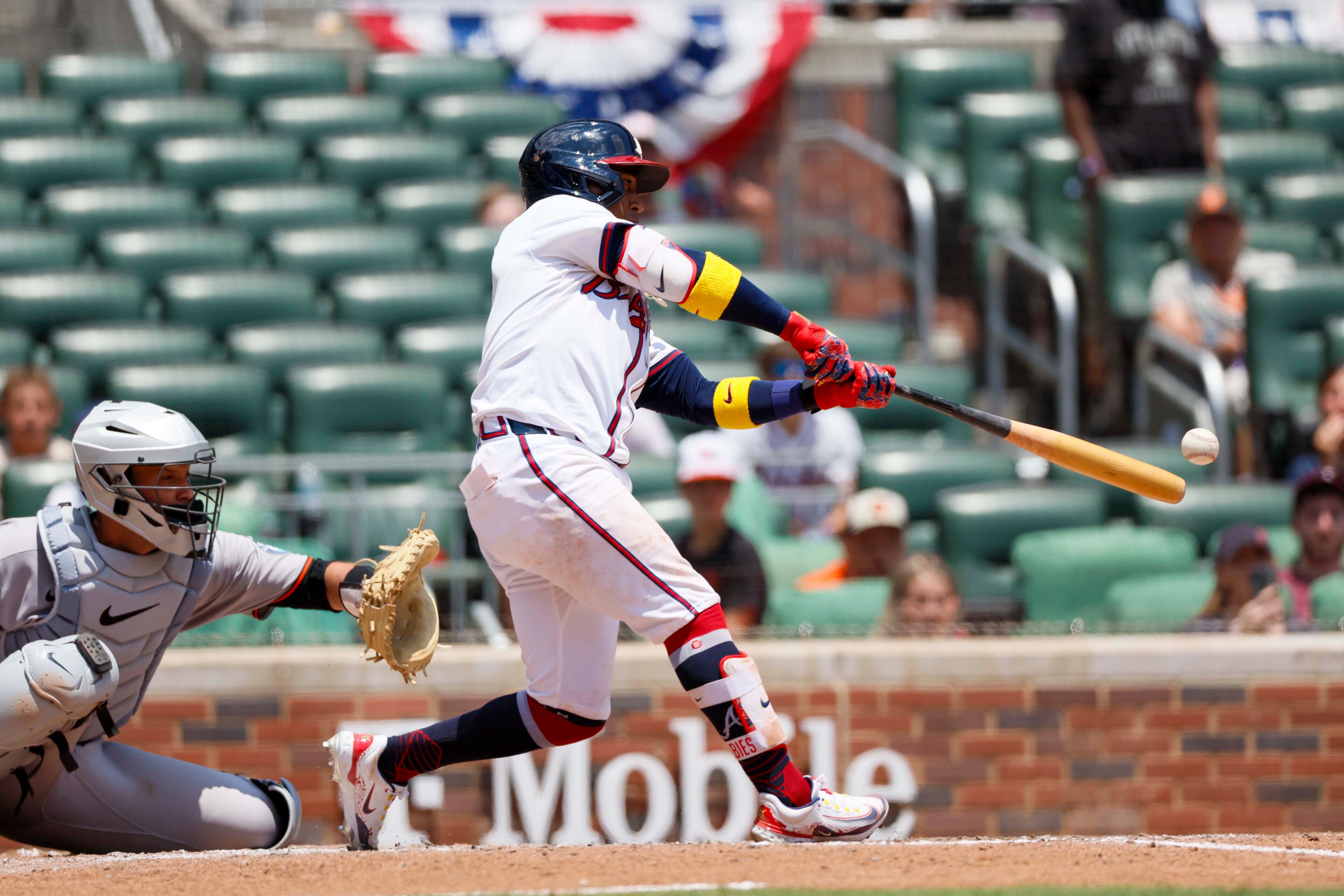 Atlanta Braves second base Ozzie Albies (1) hits a single during the ninth inning against the Baltimore Orioles at Truist Park on Sunday, July 6, 2025, in Atlanta.
(Miguel Martinez/ AJC)