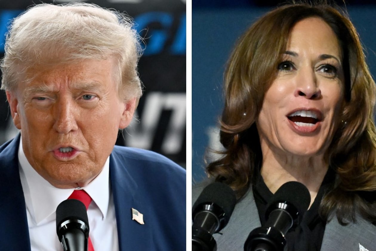 This combination of images shows Republican presidential candidate former President Donald Trump at left in Evans, Ga., Oct. 4, 2024, and Democratic presidential candidate Vice President Kamala Harris speaking during a campaign stop in Atlanta, Sept. 20, 2024.