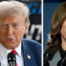 This combination of images shows Republican presidential candidate former President Donald Trump at left in Evans, Ga., Oct. 4, 2024, and Democratic presidential candidate Vice President Kamala Harris speaking during a campaign stop in Atlanta, Sept. 20, 2024.