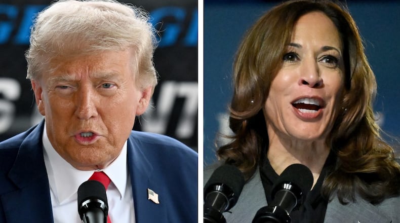 This combination of images shows Republican presidential candidate former President Donald Trump at left in Evans, Ga., Oct. 4, 2024, and Democratic presidential candidate Vice President Kamala Harris speaking during a campaign stop in Atlanta, Sept. 20, 2024.