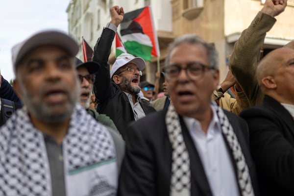 People take part in a demonstration in Rabat, Morocco, Sunday, April 6, 2025 as they protest Israel’s latest offensive in Gaza and U.S. President Donald Trump's proposal to displace Palestinians and clear the territory for development. (AP Photo)