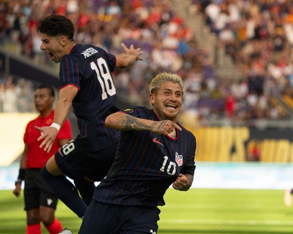 United States midfielder Diego Luna (10) reacts after his second-half goal against Costa Rica during a CONCACAF Gold Cup quarterfinals soccer match Sunday, June 29, 2025, in Minneapolis. (Jeff Wheeler/Star Tribune via AP)