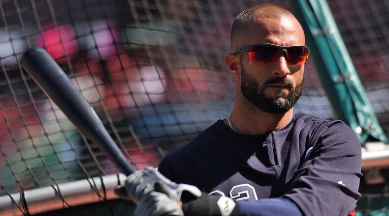 Braves right fielder Nick Markakis warms during batting practice before Game 4 of the Division Series against the Cardinals Monday, Oct. 7, 2019, at Busch Stadium in St. Louis.