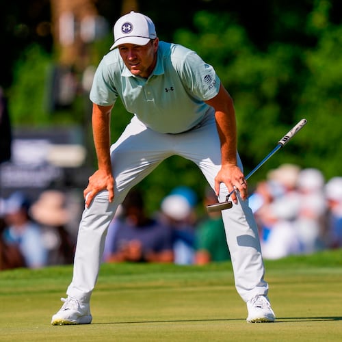 Jordan Spieth lines up his shot on the 11th green during the second round of the Cadillac Championship PGA golf tournament Friday, May 1, 2026, in Doral, Fla. (AP Photo/David J. Phillip)